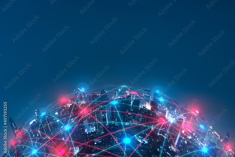 Poster network connection technology and smart city concept.5g network digital hologram and internet of thi