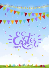 Foto op Plexiglas Happy easter. Beautiful Easter card with copy space, flyer, invitation, decorated eggs in the grass against the background of the natural sky with text. Cartoon flat vector illustration. © Tanya