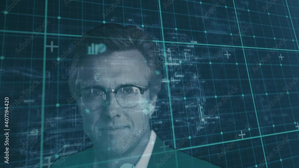 Poster animation of portrait of businessman over data processing on grid