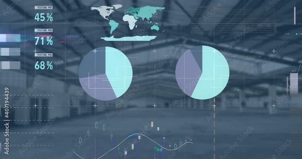 Poster animation of data processing and world map over empty warehouse