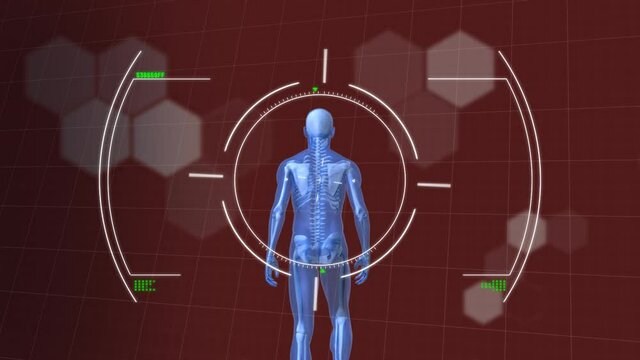 Scope scanning over human body model walking against chemical structures on red background