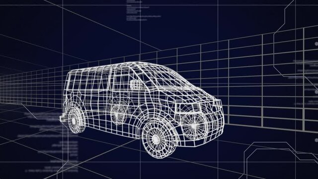 Animation of white 3d drawing of car and technical data processing