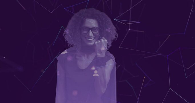 Animation of woman dressed as superhero with network of connections on purple background