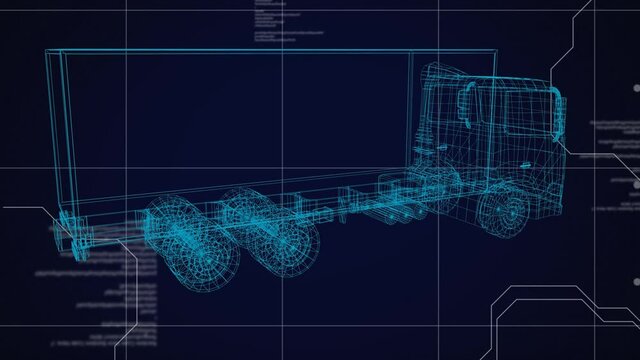 Animation of blue 3d drawing of truck and technical data processing