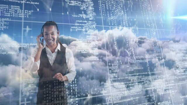 Animation of businesswoman talking on phone headset over data processing against sky with clouds
