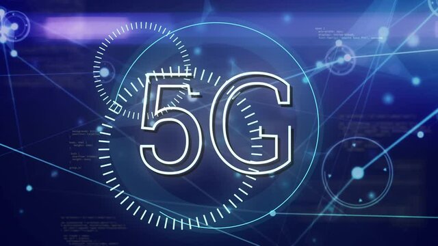 Animation of 5g text, network of connections and data processing