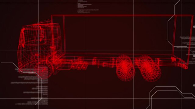 Animation of red 3d drawing of truck and technical data processing