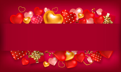 Valentine red background with red hearts, gold serpentine. Greeting card, invitation, flyer. 3d realistic vector. Empty place for your text.