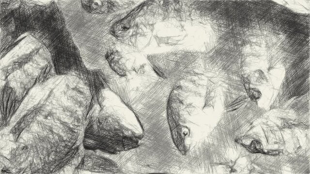 art drawing black and white of group fish