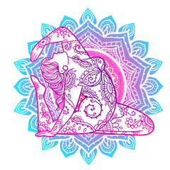 Yoga girl. Ornament Meditation pose. Concept of body positive.