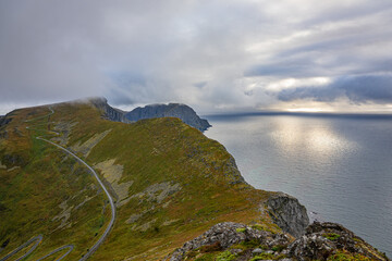 Fototapeta na wymiar Værøy with a road down the mountain