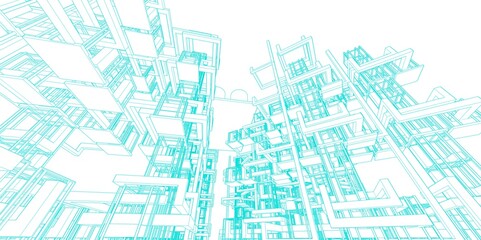 3D sketch factory building, Abstract 3D architectural illustration