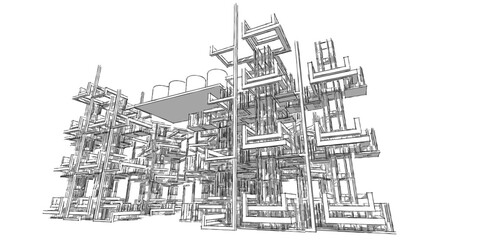 3D sketch factory building, Abstract 3D architectural illustration