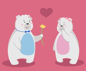 Cute bears couple in love happy valentines day, bears with flowers, cartoon characters together nature wildlife vector flat illustration