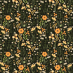 Blooming summer meadow seamless pattern. Repeating floral pattern on dark background. Lot of different wild yellow flowers, buds, leaves, stems on the field. Liberty millefleurs. Scandinavian style.