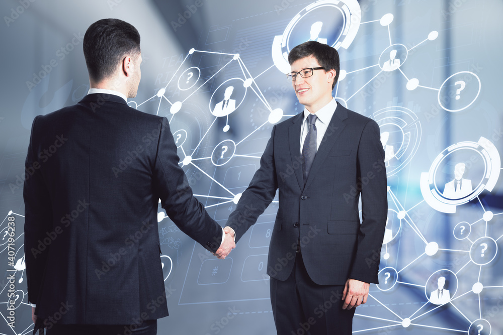 Poster two businessmen shaking hands on the background of social network sketch, networking and partnership