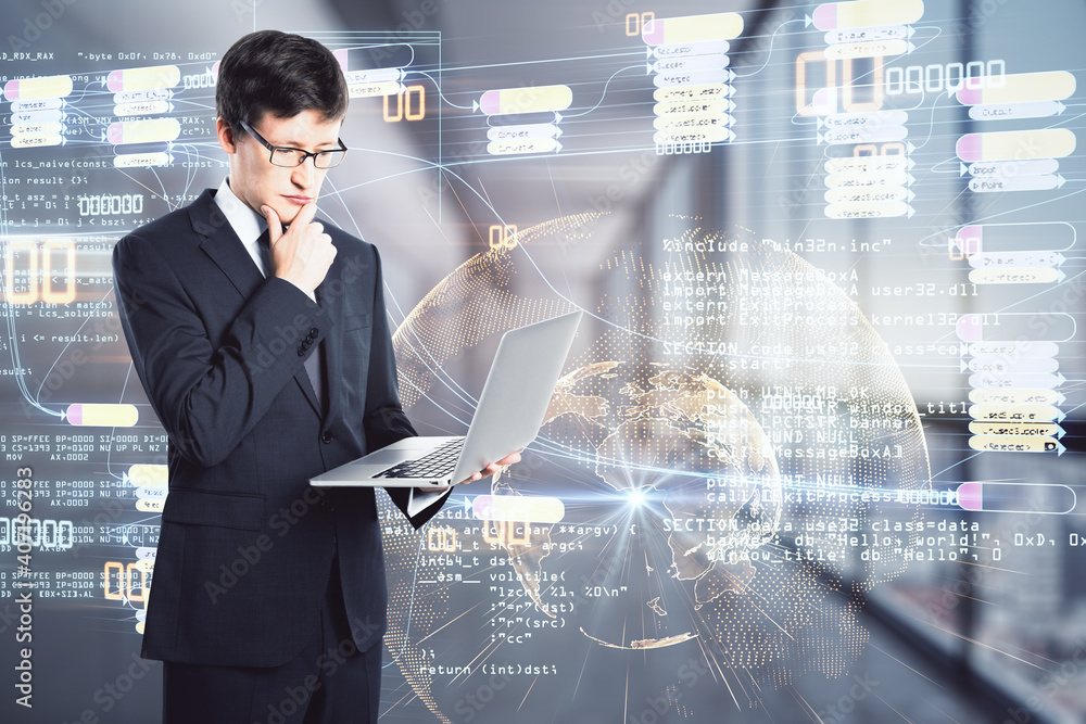 Poster businessman with laptop thinking on big data illustration background, coding and analysis concept