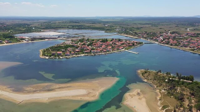 Aerial drone footage of the Nin old town and the stunning Ždrijac beach by the Adriatic sea in the Zadar County in Croatia