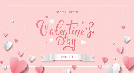 Valentine's Day sale poster concept with beautiful pink and white paper hearts on pink background. Special offer 50% off. Calligraphic phrase. - Vector