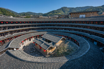 Inside view of a Tulou, a historic building in Fujian province, China.
