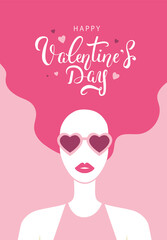 Beautiful girl portrait in heart-shaped sunglasses and pink hair. Valentine's day greeting card with handwritten calligraphic text. - Vector