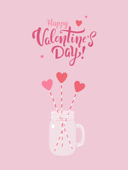 Greeting card for Valentine's Day holiday with beautiful lettering. Decorative jar with hearts on sticks in it on pink background. - Vector