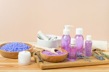 cosmetics lavender, shampoo, oil, salt.