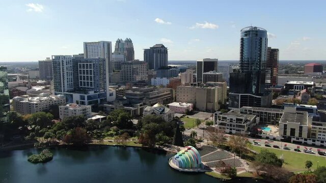 Orlando, Florida, USA - July 15, 2020 : Downtown Orlando; the historic core and central business district of Orlando, Florida. Shot during the COVID Pandemic in July, 2020.