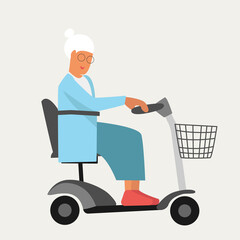 Granny old woman on wheelchair electric scooter in flat style. Happy retirement for disabled people. Stop ageism. Active senior mobility © troyanphoto