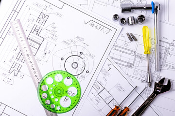 Technical engineering drawings, which show mechanical parts engineering components and assemblies for their manufacture in industry. Factory Industry Industrial work project blueprints measuring 