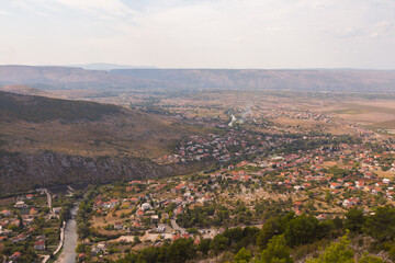 View from the top of the mountain on the town of Blagaj on a sunny day. Bosnia and Herzegovina