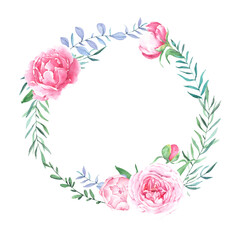 Hand drawn watercolor floral wreath with leaves. Round frame with peony and roses flowers