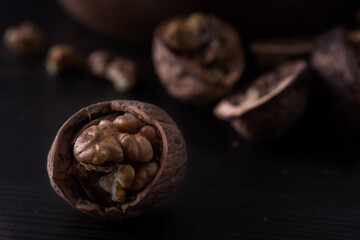  Walnuts kernel and close up views with black background