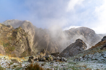 Snowy winter sunset on the Peñas de Aya mountain in the town of Oiartzun near San Sebastián, Gipuzkoa. Basque Country