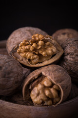  Walnuts kernel and close up views with black background