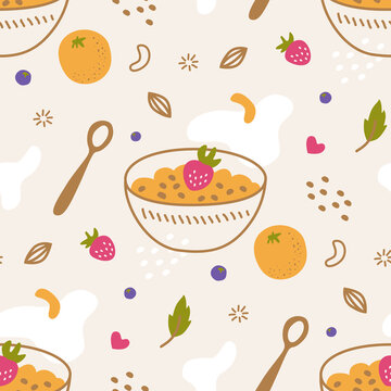 Vector seamless pattern with granola, orange and nuts in natural shades. Healthy breakfast concept. 