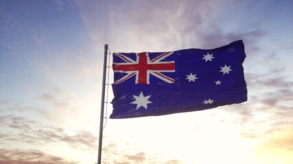 Australia Flag waving in the wind, dramatic sky background. 3d illustration