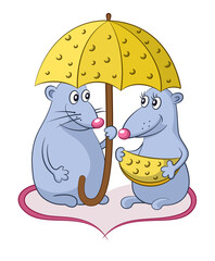 Cartoon Animals, Mice with Tails in the Shape of a Heart Under the Umbrella of the Cheese, Isolated on White Background. Vector