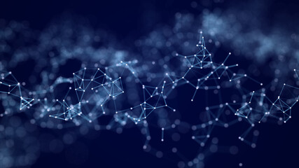 Abstract composition with connecting dots and lines. Blue background. Futuristic network. Background for business event. 3d rendering.