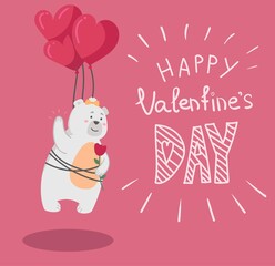 Fototapeta na wymiar Bear girl with balloons, cute character, vector illustration of Valentine's day, background, card, postcard, poster