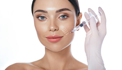 Beautician doing injection into the nasolabial folds. Correction of wrinkles on the female face...