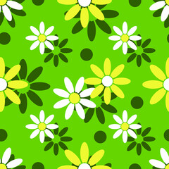 Chamomile flowers on a green background. Seamless spring pattern for textiles, pillows, slipcovers, bedding, wrapping paper. Vector illustration.