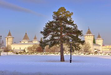 Tobolsk Kremlin in winter. Pine tree against the walls and towers of Gostiny Dvor, Russian...