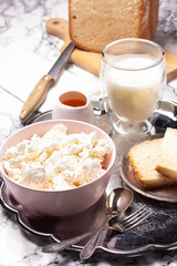 Cottage cheese, milk, honey and homemade bread