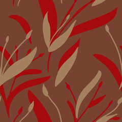 Seamless pattern with hand-drawn red and beige plants and branches on red background. Elegant linen, bedclothing, print, packaging, wallpaper, textile design