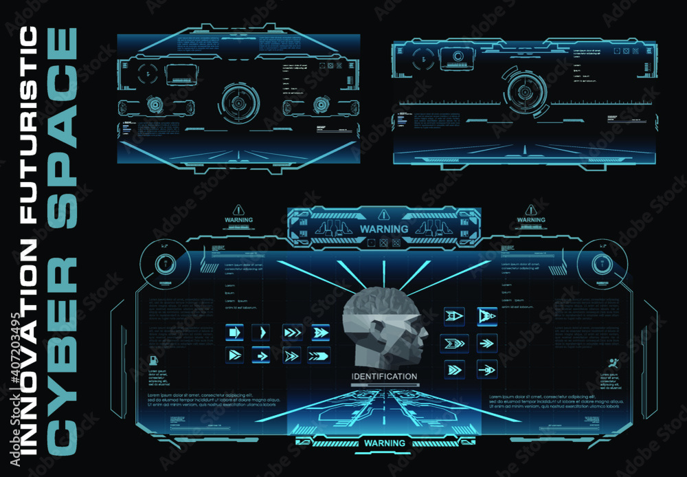 Poster set of three holographic digital user interfaces with dashboards and elements of varying complexity.