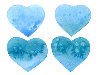 Clipart. Blue hearts in watercolors. Watercolor elements for Valentine's Day.