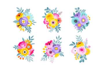 Set of beautiful vector flower arrangements. Colorful floral bouquet decorations. Spring ornaments. Spring floral decoration. Isolated botanical graphics. 