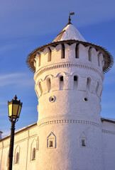 Tobolsk Kremlin in winter. Towers and walls of Gostiny Dvor, ancient Russian architecture of the XVIII century in the first capital of Siberia