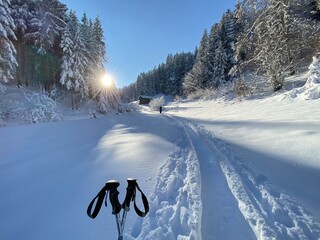 Schneeschuhe Wandern am Jakobsweg bei Terfens Vomp Vomperbach Umlberg Maria Larch Eggen in der N&auml;he von Schwaz Innsbruck Tirol Grenze zu Bayern im Karwendel am sp&auml;ten Nachmittag im Winter